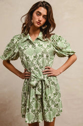 BiBi Tied Floral Short Sleeve Mini Shirt Dress OutfitFlow